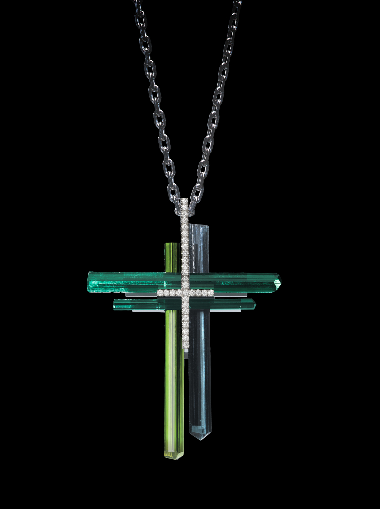 MM_pendentif-Green-spirit_fond-noir2 Pendentif en or blanc 18k serti de diamants blancs de 0.54 ct et sublimé de quatre cristaux de tourmaline verte et bleue.